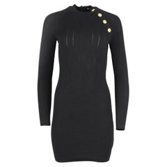 Balmain Button Embellished Ribbed Stretch Knit Mini Dress Fr 42 Uk 14