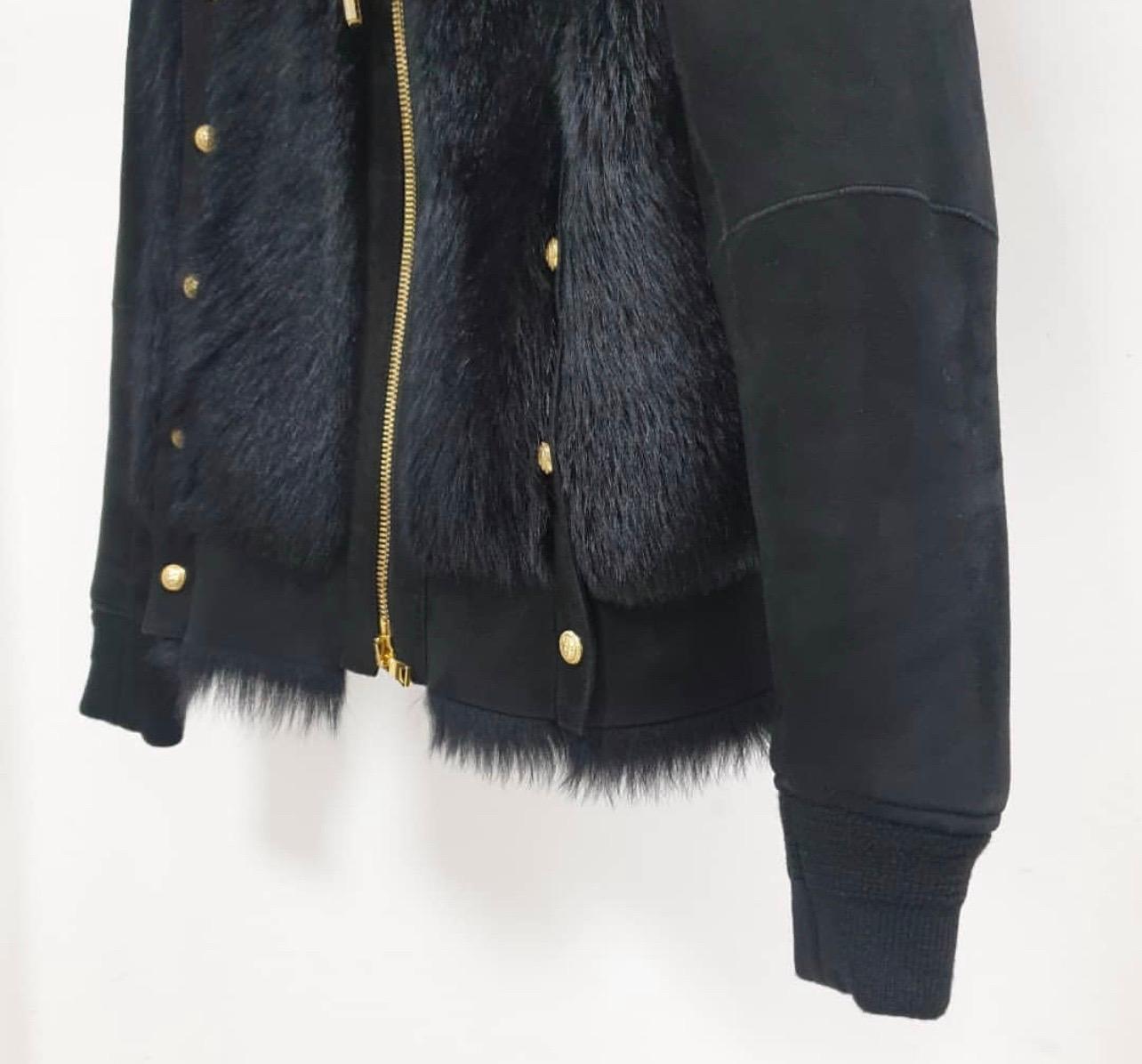 Black Balmain Button-Embellished Shearling Hooded Jacket 