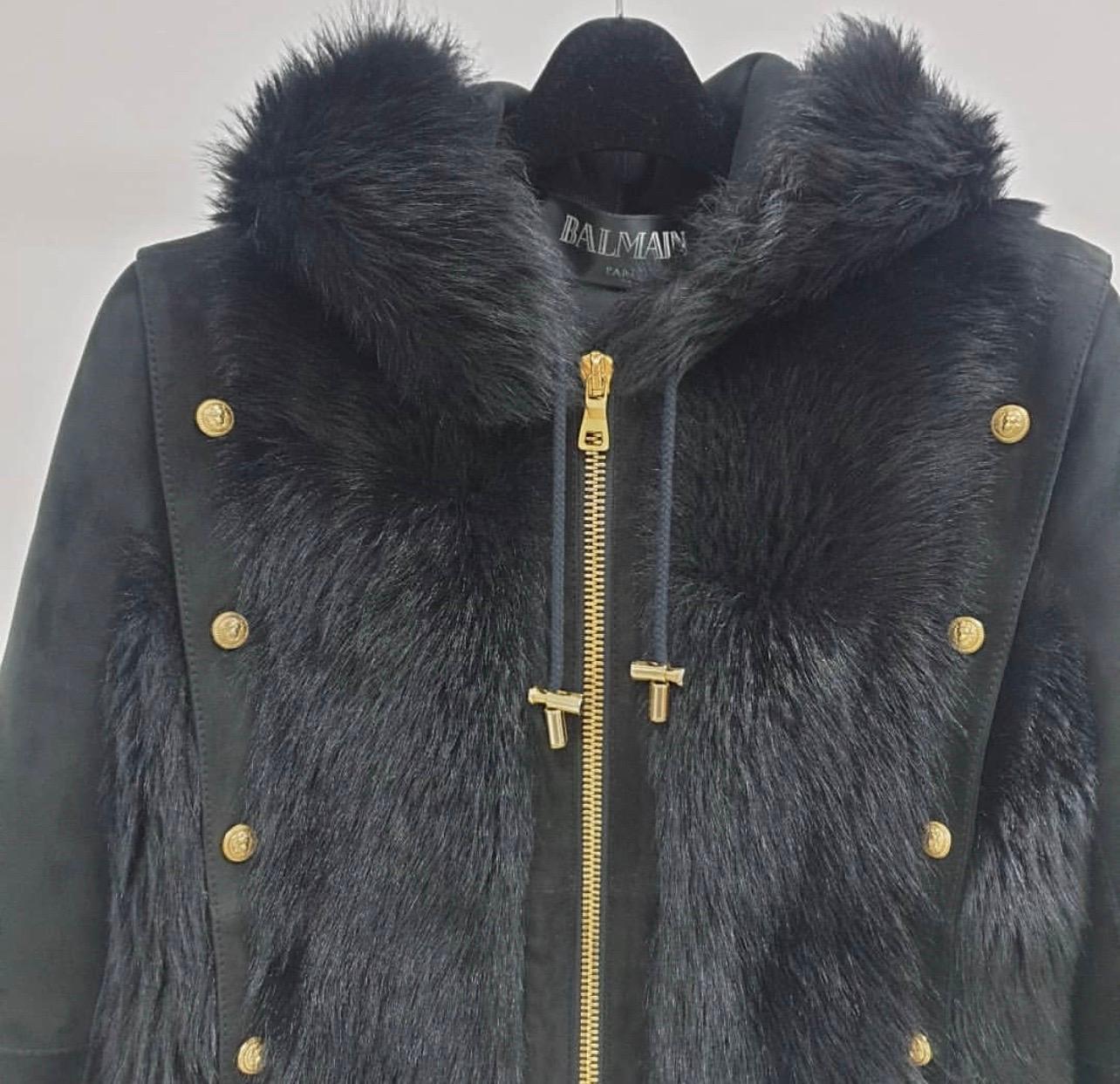 Women's Balmain Button-Embellished Shearling Hooded Jacket 