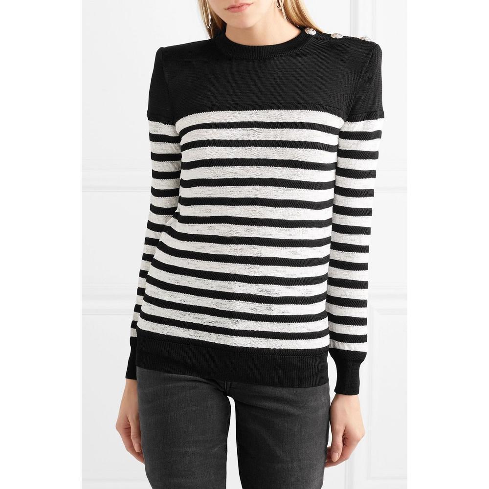 Black and white open-knitSlips onDesigned for a slim fitInternal shoulder padsLightweight knitRound neckLong sleevesRibbed-knit neckline, cuffs and hemDecorative button shoulders Stripe print; Silver-tone metal lion-head embossed buttons95% viscose,