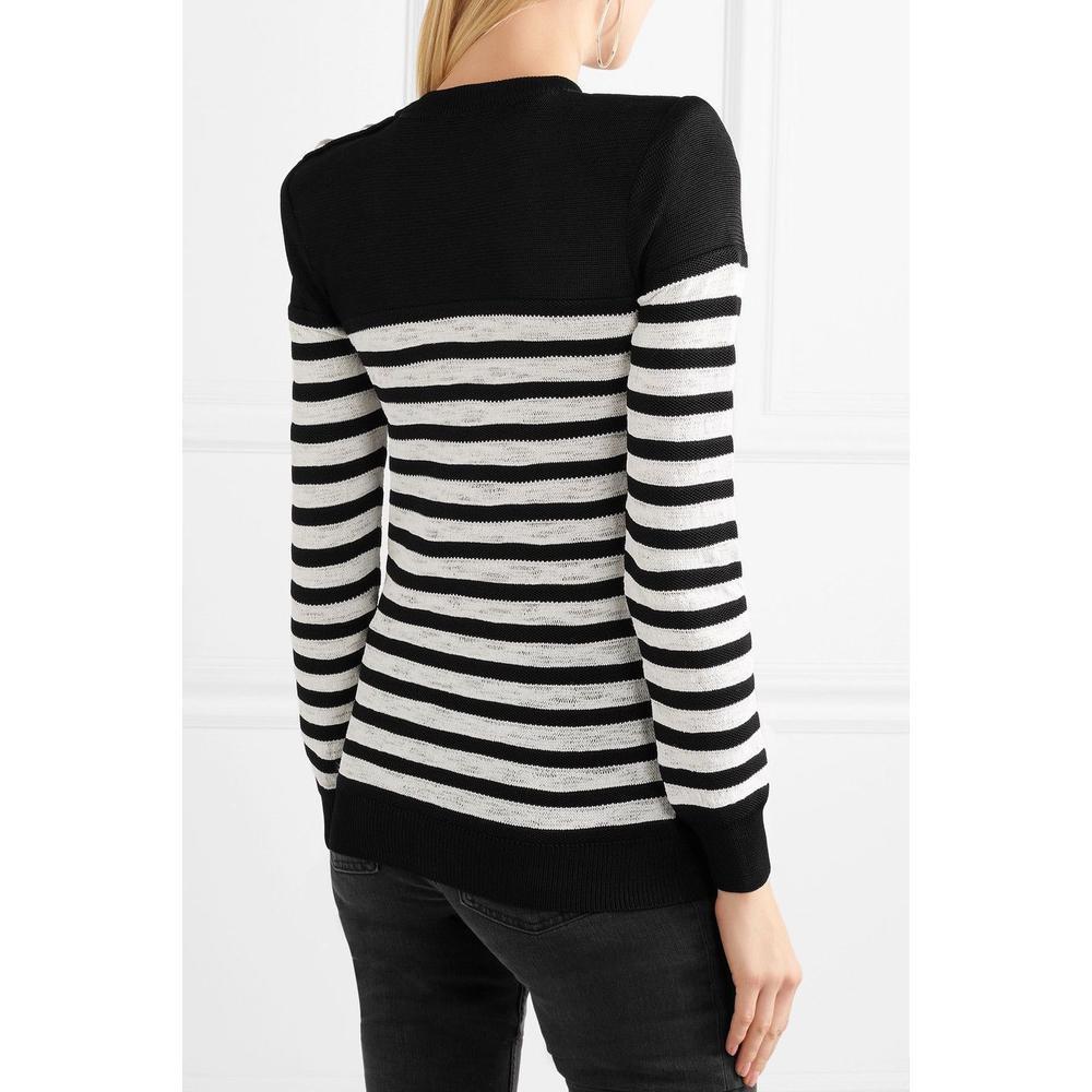 Gray Balmain Button Embellished Striped Open Knit Sweater For Sale