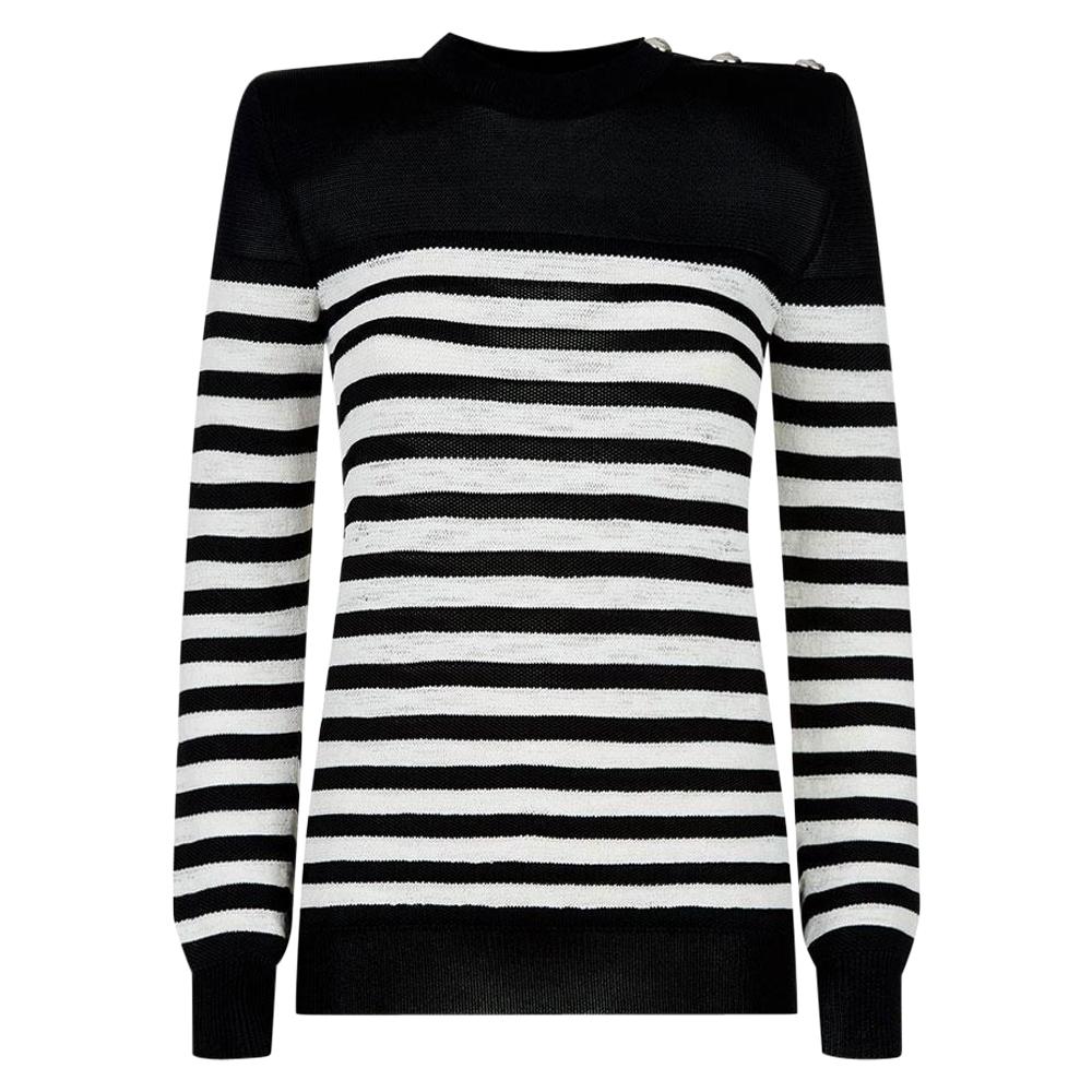 Balmain Button Embellished Striped Open Knit Sweater For Sale