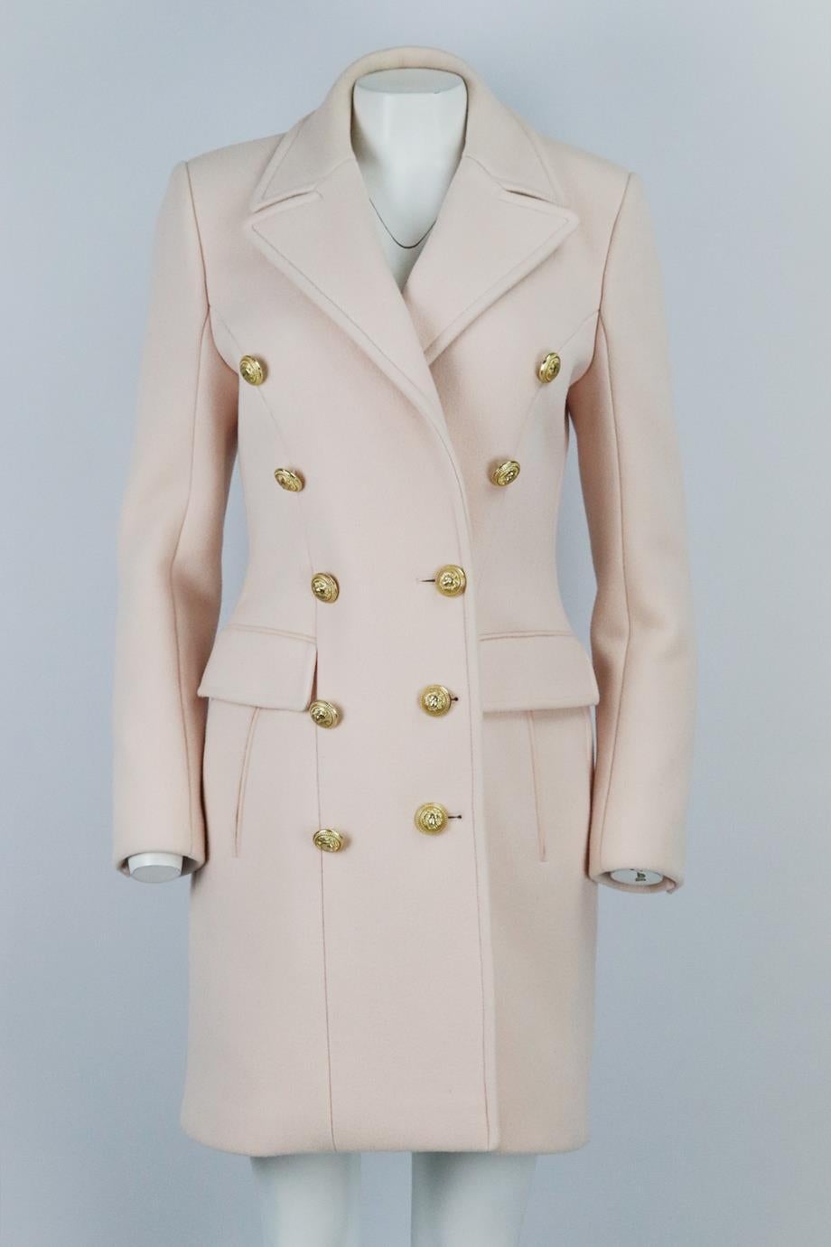 Balmain button embellished wool and cashmere blend coat. Pink. Long sleeve, v-neck. Button fastening at front. 90% Virgin wool, 10% cashmere; lining: 52% viscose, 48% cotton. Size: FR 42 (UK 14, US 10, IT 46). Shoulder to shoulder: 15.5 in. Bust: