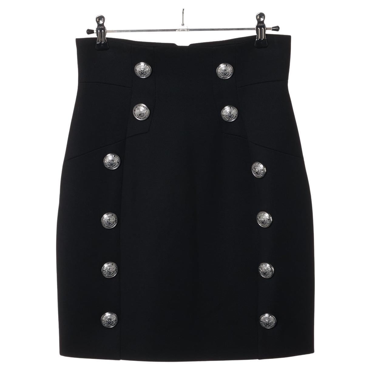 Balmain Button Wool Rayon Mini Skirt Black For Sale