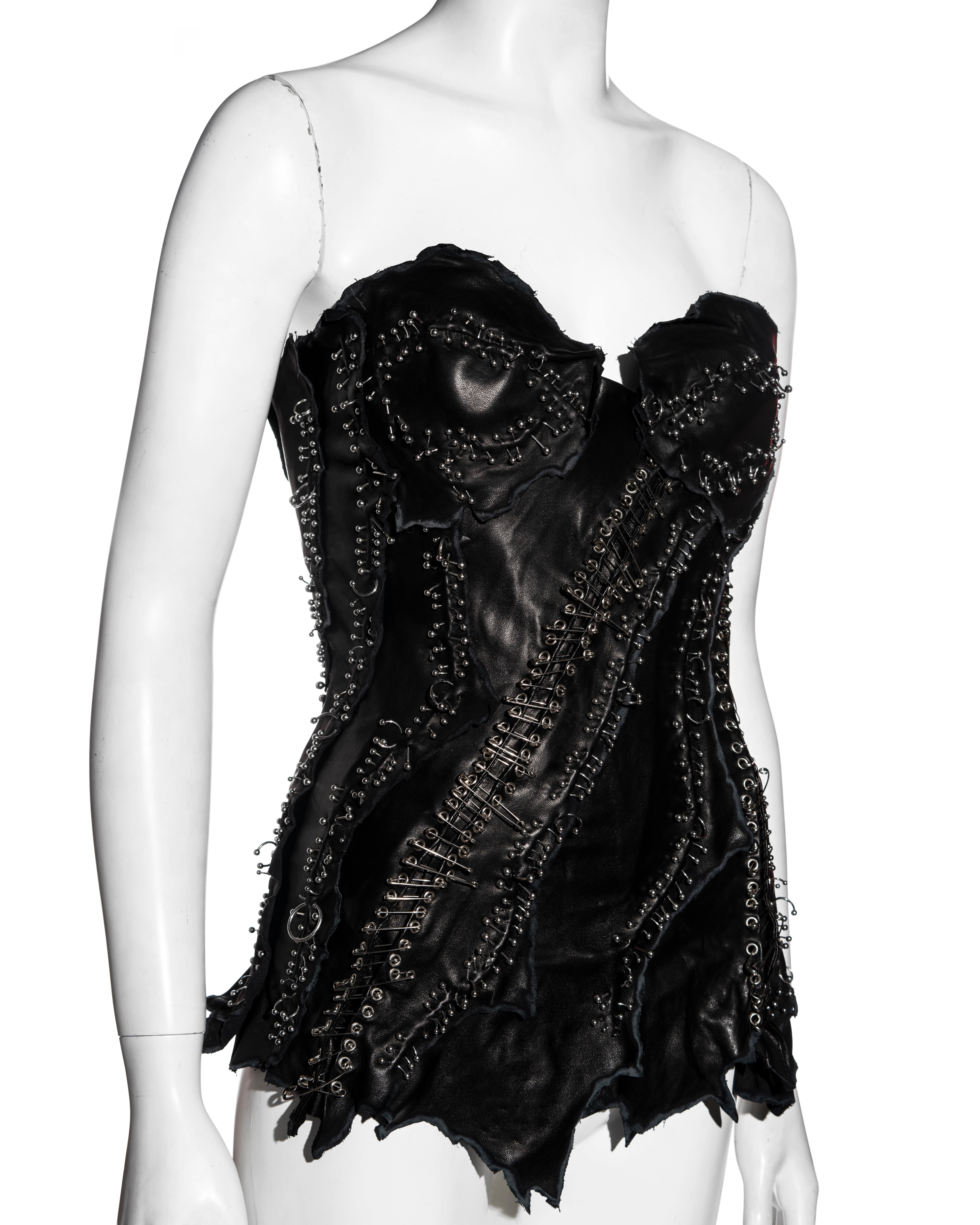 Black Balmain by Christophe Decarnin black leather safety-pin corset, ss 2011 For Sale