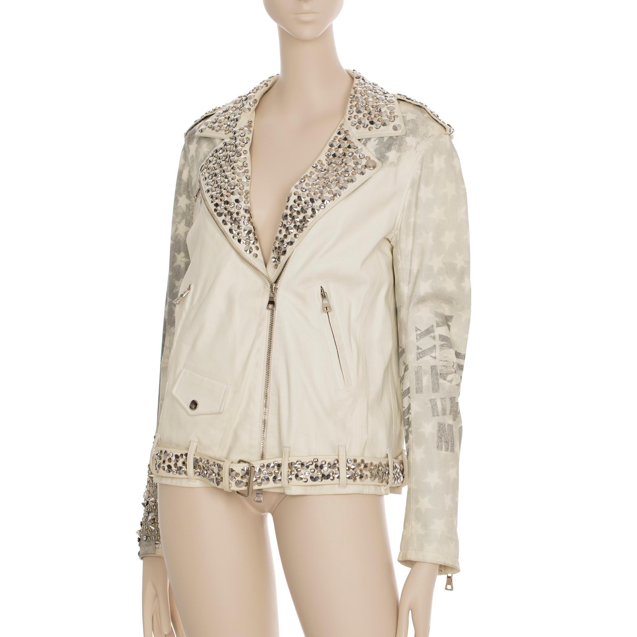 Balmain By Christophe Decarnin Nietenbesetzte Bikerjacke aus Leder 42 FR (Beige) im Angebot