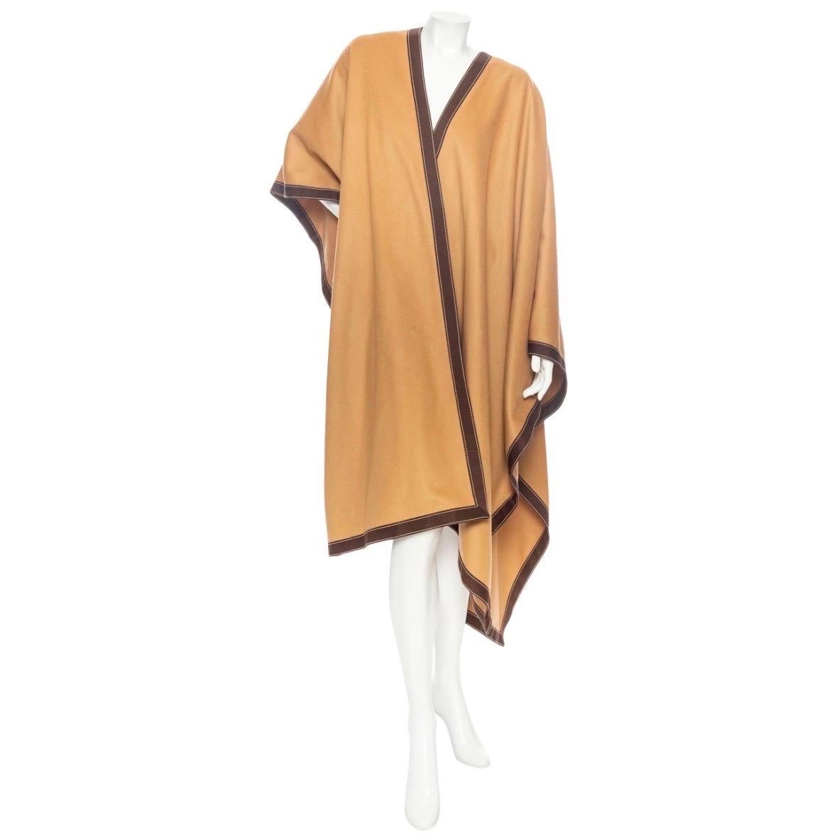 Balmain Camel Wool-Blend Contrast-Trim Draped Poncho Fall2020 In Excellent Condition For Sale In Los Angeles, CA