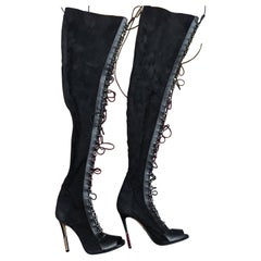 Balmain Campbell lace-up leather-trimmed stretch-suede thigh boots