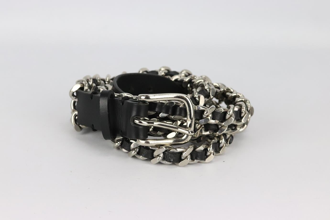 Balmain chain embellished leather waist belt. Black. Buckle fastening at front. Does not come with dustbag or box. Min. Length: 31 in. Max. Length: 34 in. Width: 2 in. Good condition - Light signs of wear; see pictures.
