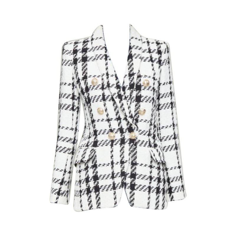 BALMAIN checked black white cotton tweed double breasted blazer jacket FR36 S