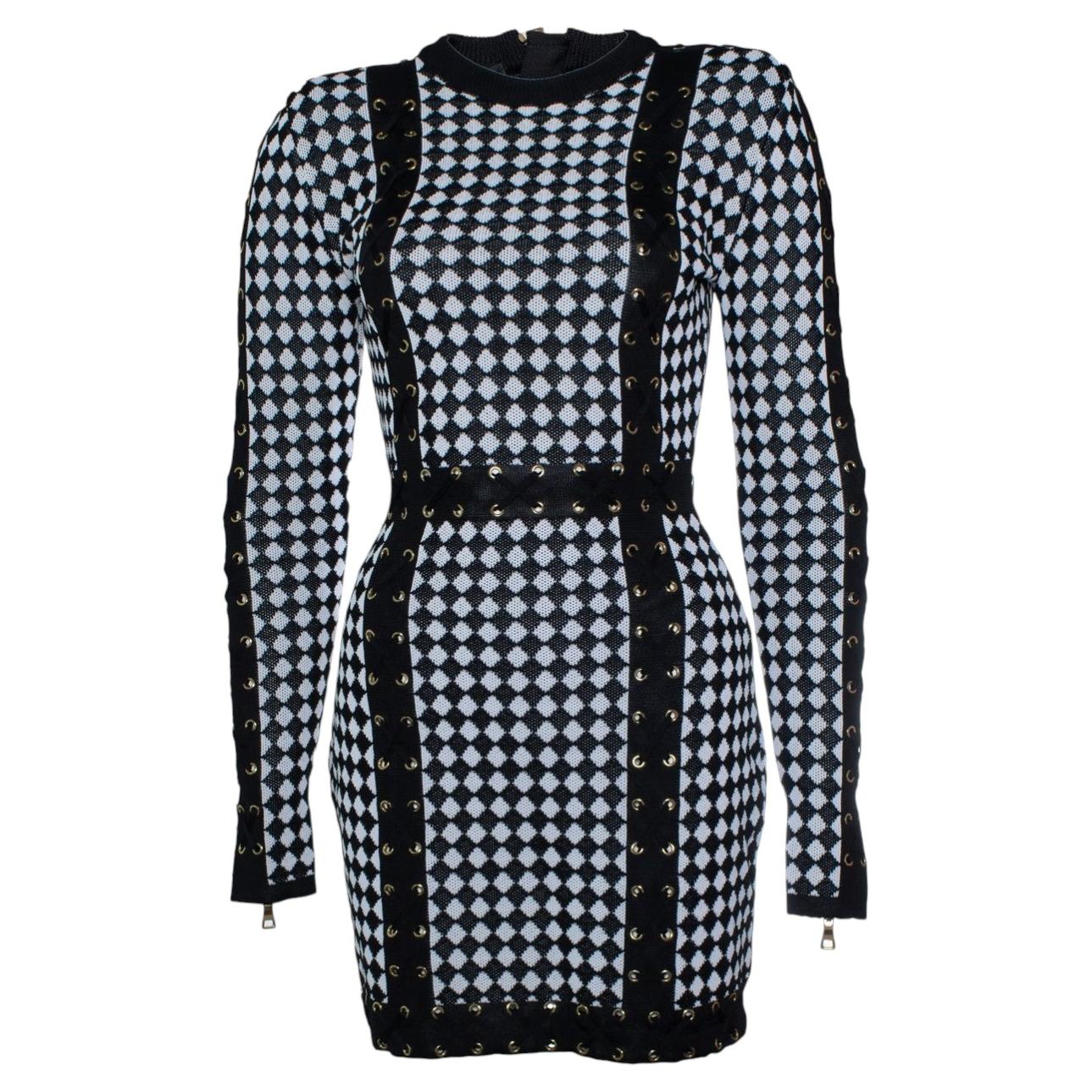 Balmain, checked knit dress in black and white
