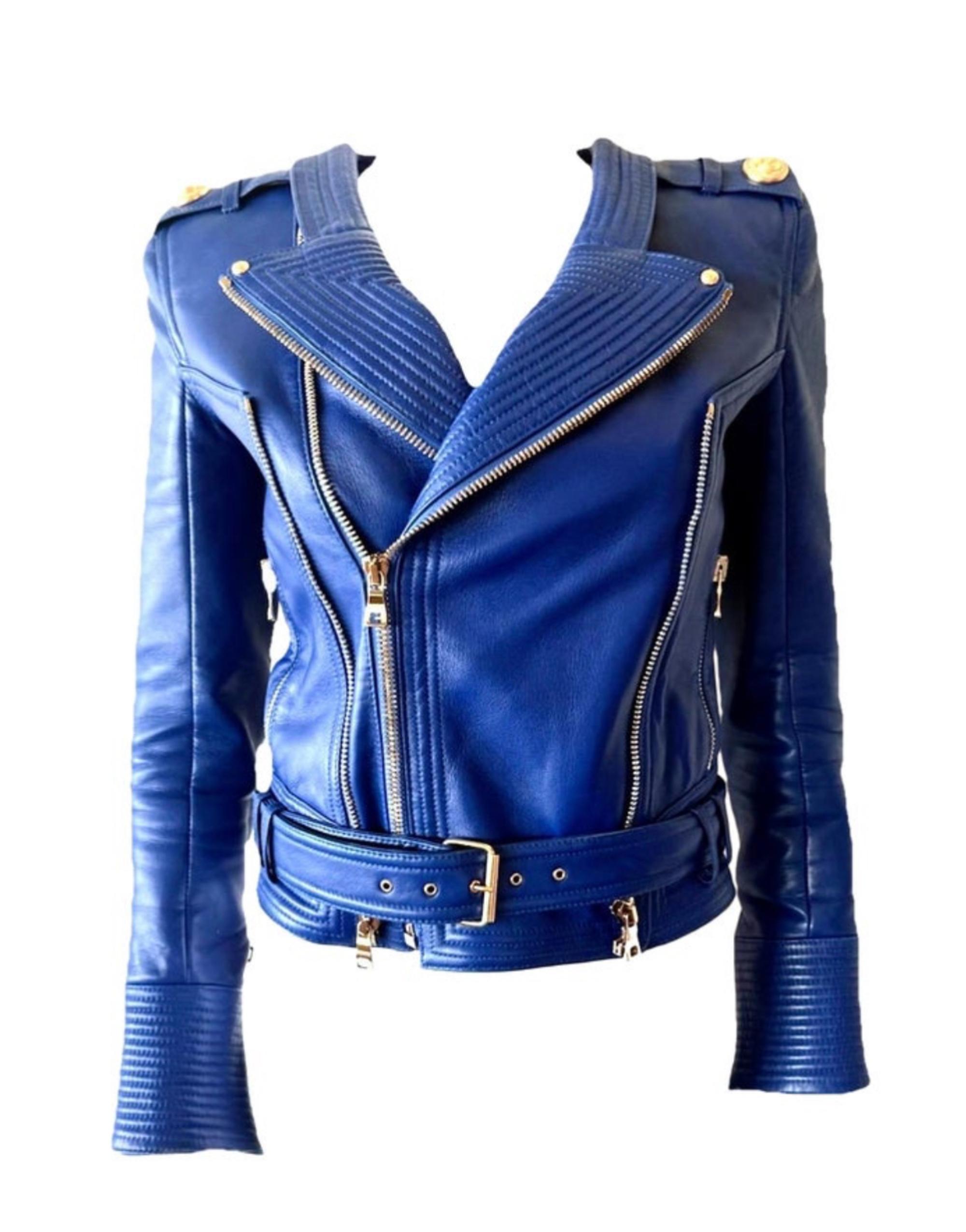 Balmain Veste motard matelassée en cuir d'agneau bleu cobalt avec quincaillerie dorée FR 34
