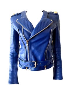 BALMAIN Cobalt Blue Lambskin Quilted Biker Moto Jacket w/Gold Hardware FR 34