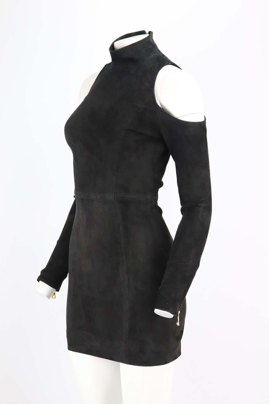 This mini dress by Balmain is made from soft stretch-suede, it is detailed with cutouts at the shoulders which reveals some skin. Black stretch-suede. Zip fastening at back. 100% Lamb skin; lining: 100% silk. Size: FR 36 (UK 8, US 4, IT 40). Bust