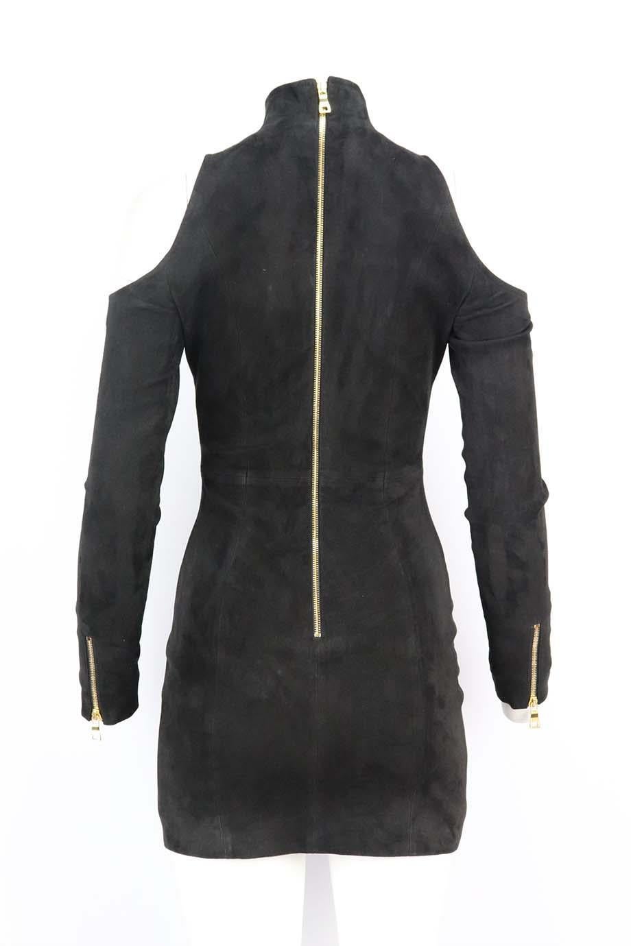 Black Balmain Cold Shoulder Stretch Suede Mini Dress FR 36 UK 8 
