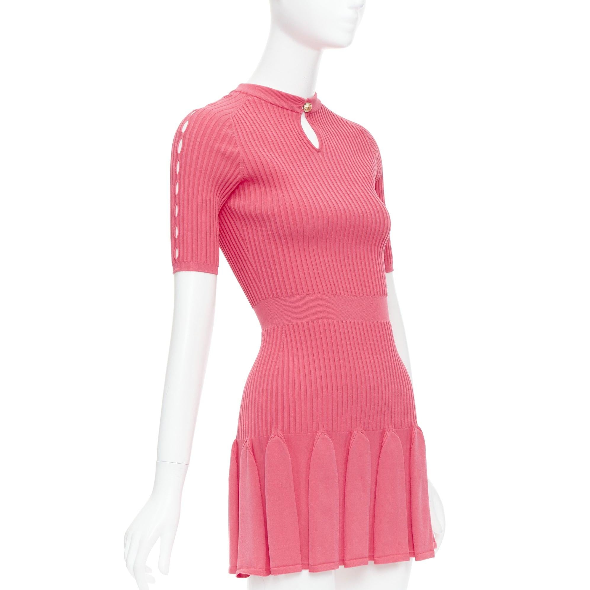 Pink BALMAIN coral pink  keyhole neck ribbed flutter skirt mini dress FR34 XS For Sale