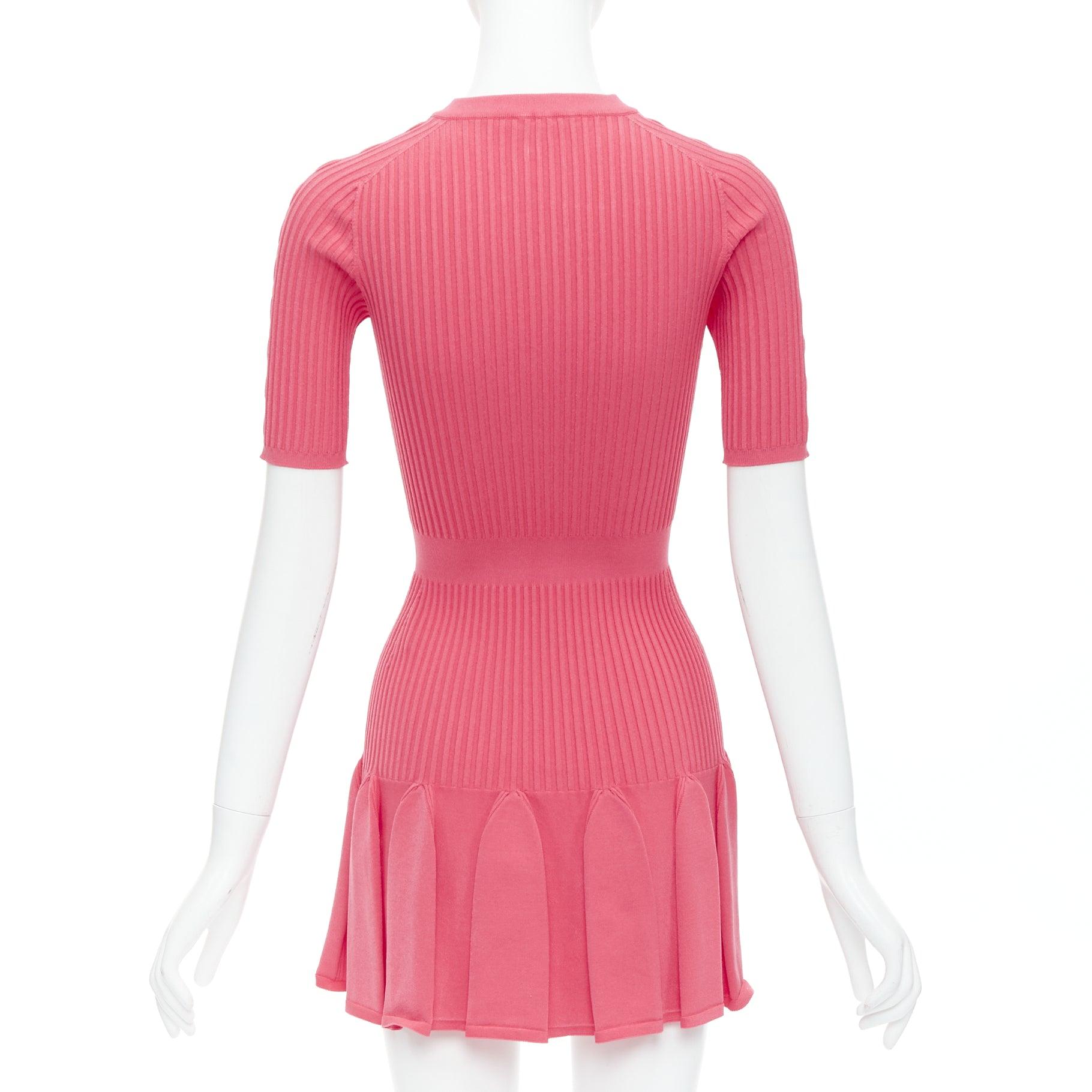 Women's BALMAIN coral pink  keyhole neck ribbed flutter skirt mini dress FR34 XS For Sale