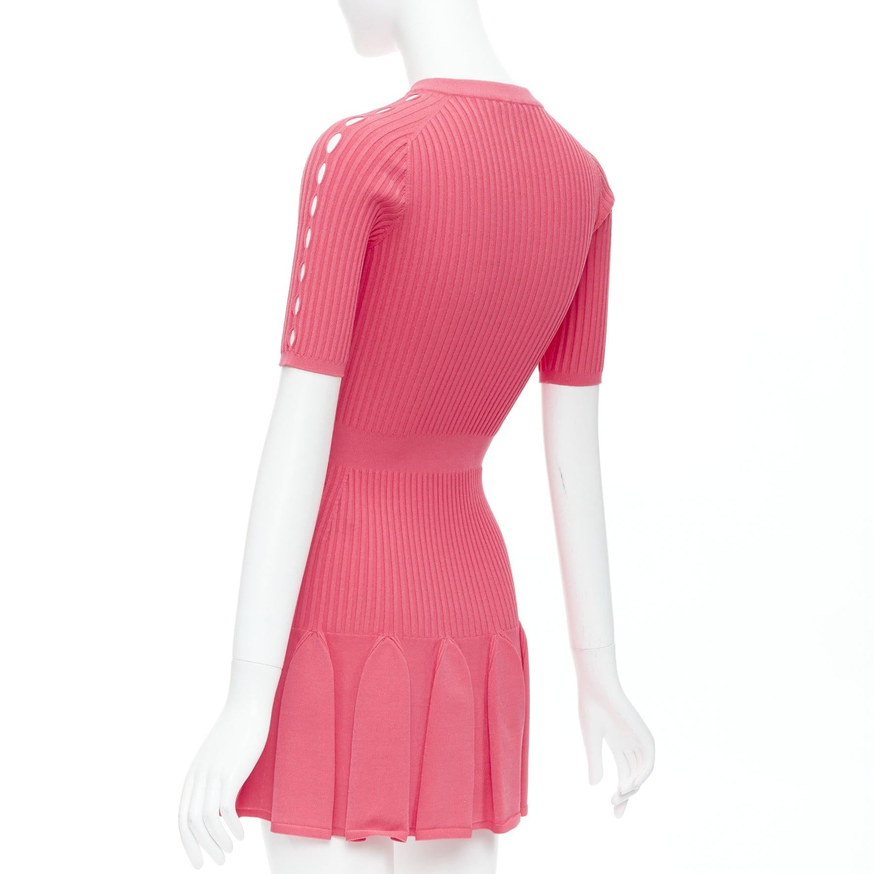BALMAIN coral pink  keyhole neck ribbed flutter skirt mini dress FR34 XS For Sale 1