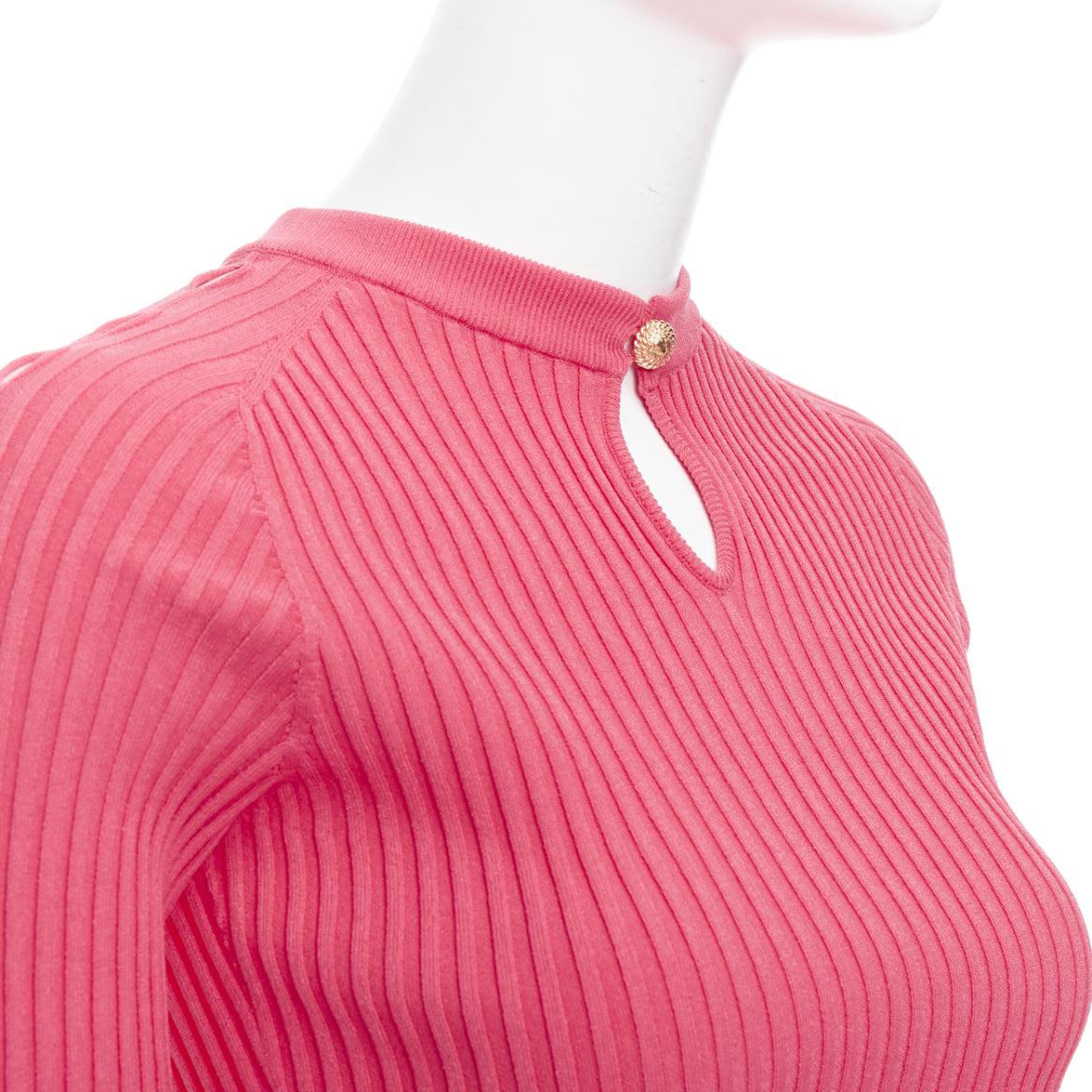 BALMAIN coral pink  keyhole neck ribbed flutter skirt mini dress FR34 XS For Sale 2