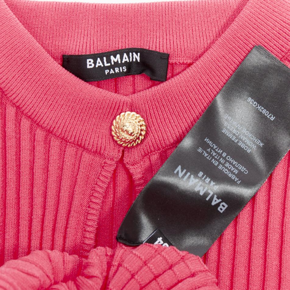 BALMAIN coral pink  keyhole neck ribbed flutter skirt mini dress FR34 XS For Sale 3
