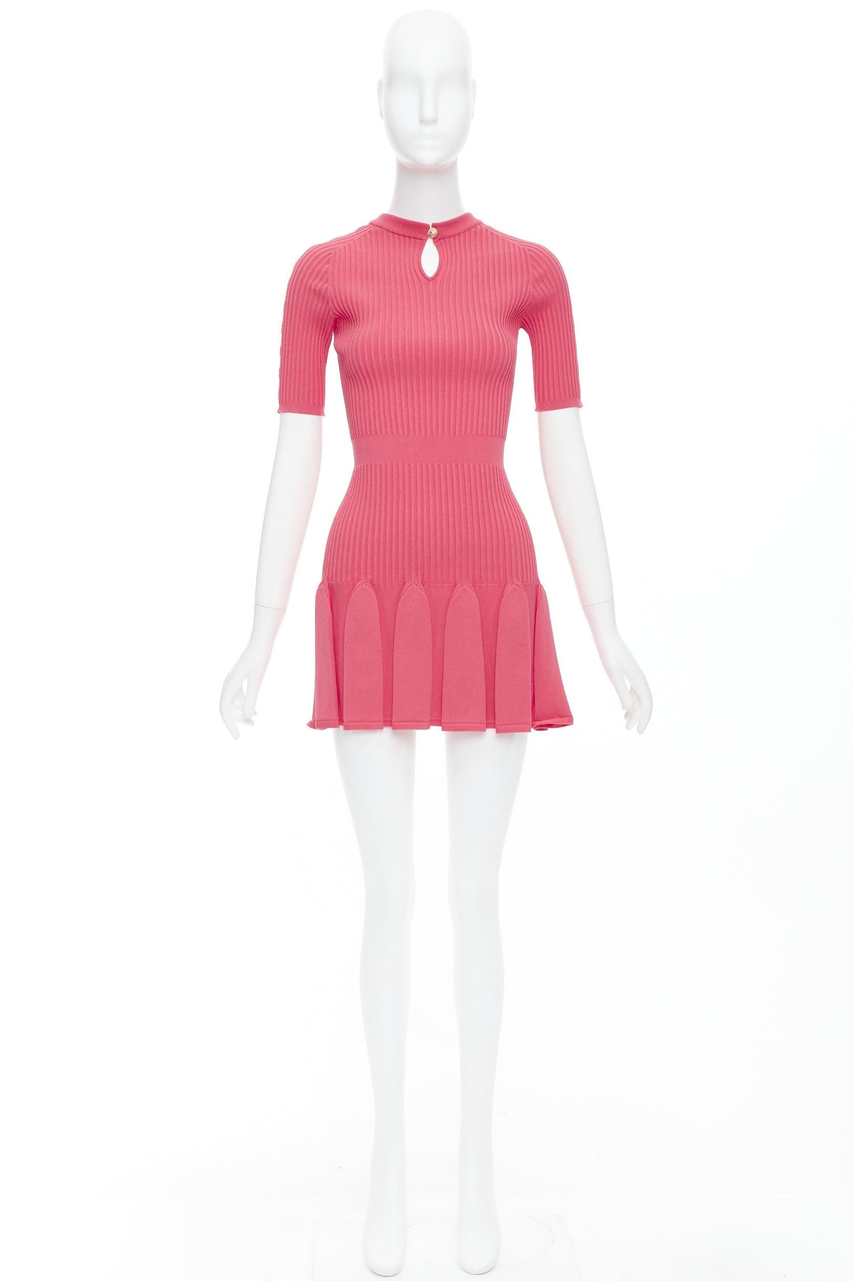 BALMAIN coral pink  keyhole neck ribbed flutter skirt mini dress FR34 XS For Sale 4