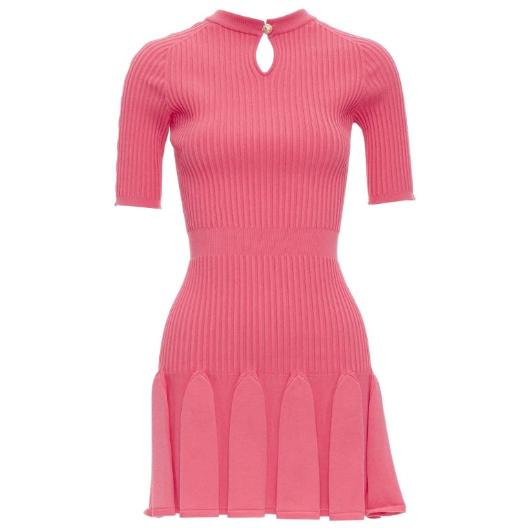 BALMAIN coral pink keyhole neck ribbed flutter skirt mini dress FR34 XS For  Sale at 1stDibs