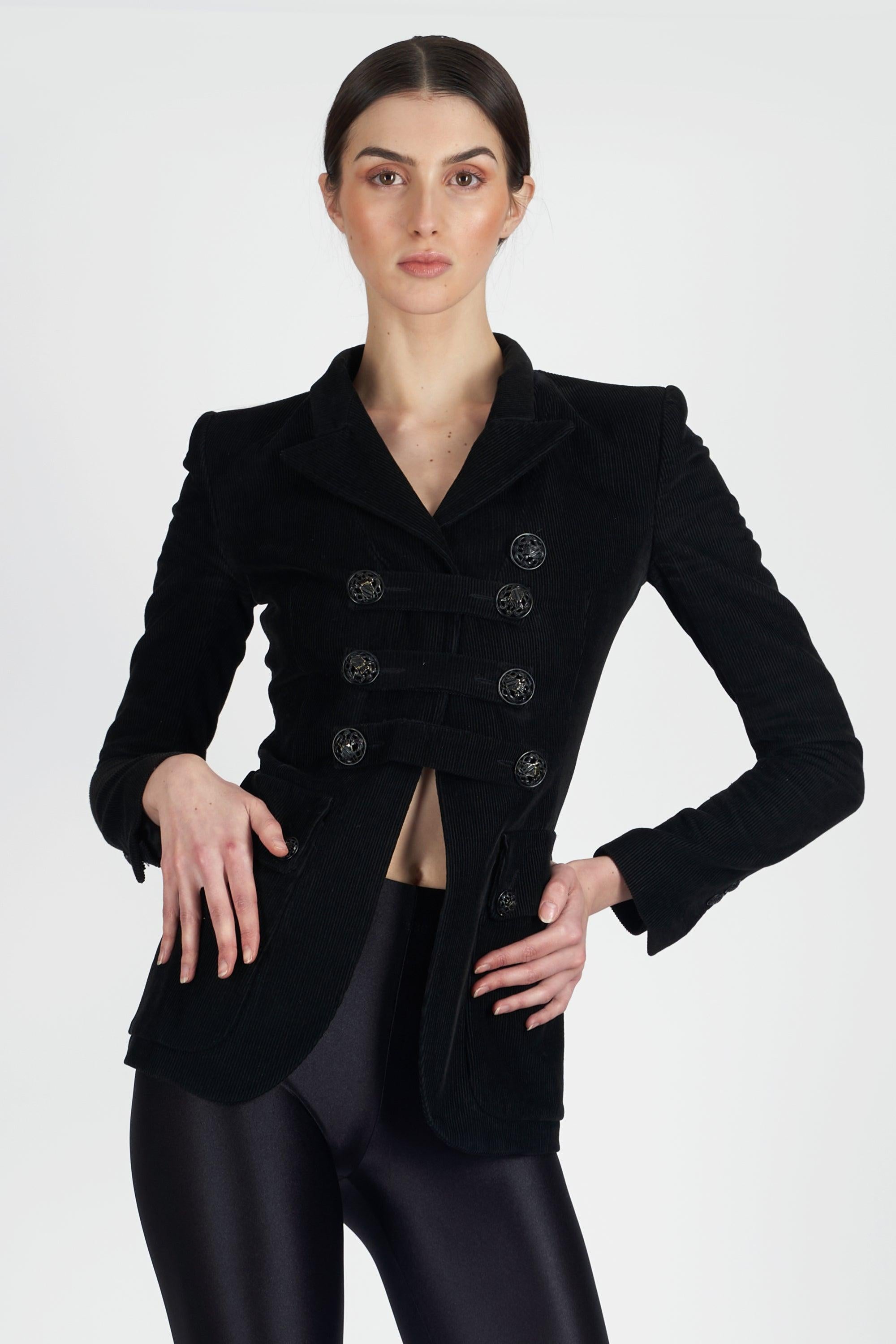 Black Balmain Corduroy Military Style Blazer For Sale