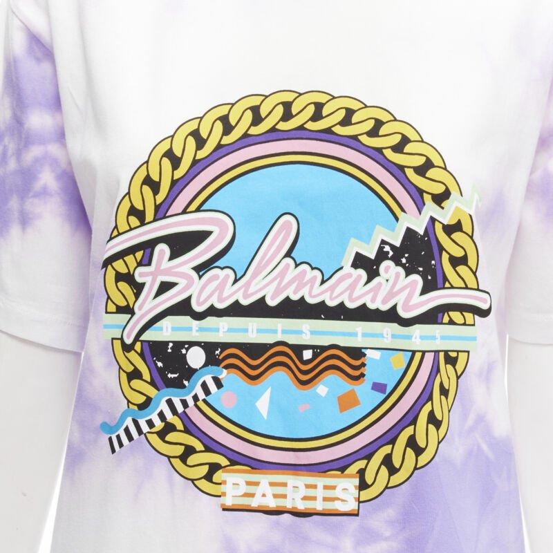 BALMAIN cotton purple tie dye Depuis 1945 logo 80's retro crew neck tshirt XXS
Reference: AAWC/A00211
Brand: Balmain
Designer: Olivier Rousteing
Material: Cotton
Color: Purple
Pattern: Tie Dye
Closure: Pullover
Made in: