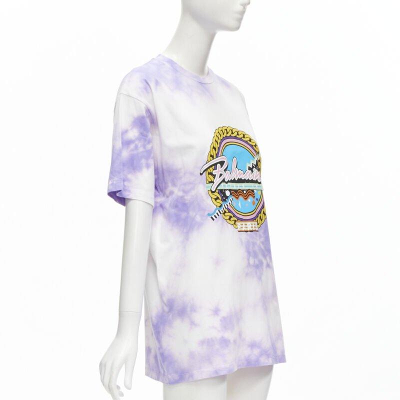 Gray BALMAIN cotton purple tie dye Depuis 1945 logo 80's retro crew neck tshirt XXS For Sale
