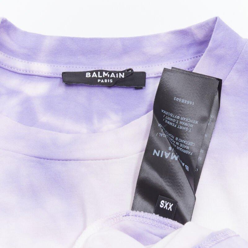BALMAIN cotton purple tie dye Depuis 1945 logo 80's retro crew neck tshirt XXS For Sale 3