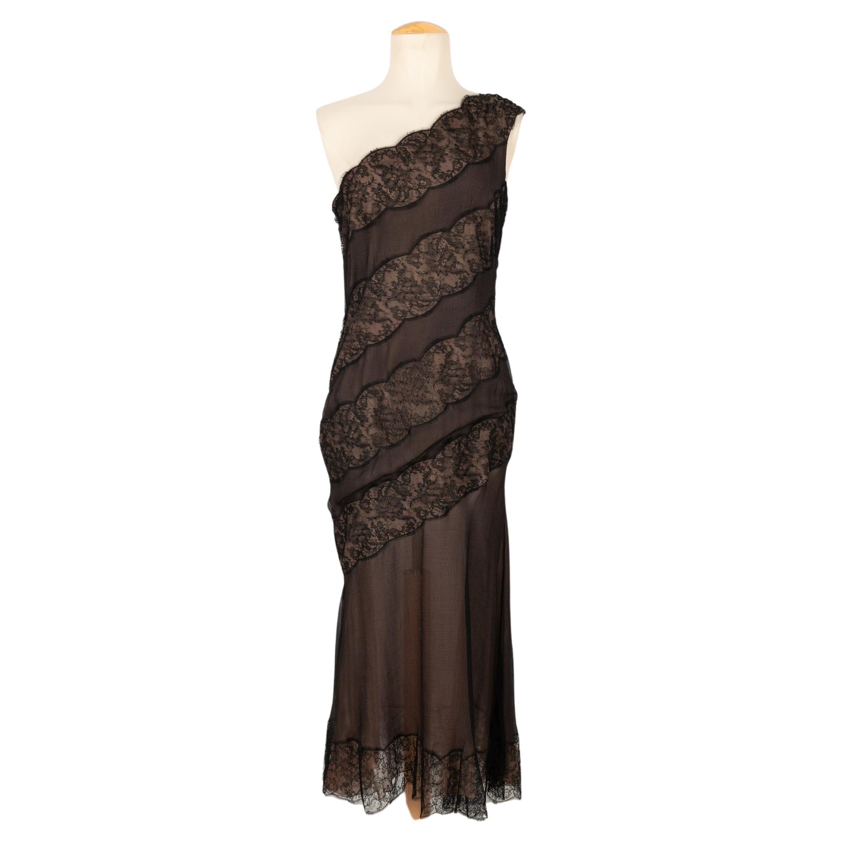 Balmain Couture Dress in Silk Crepe and Transparent Black Lace, circa 1990s For Sale