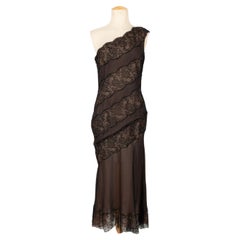 Used Balmain Couture Dress in Silk Crepe and Transparent Black Lace, circa 1990s