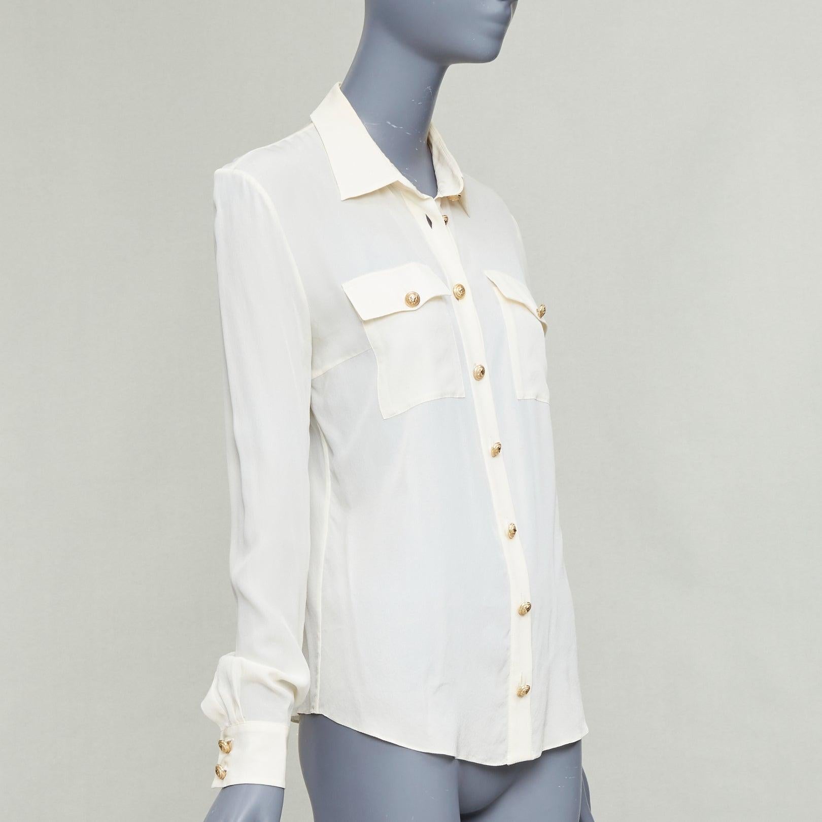 BALMAIN cream 100% silk gold buttons pocketed military blouse FR36 S Gris en venta