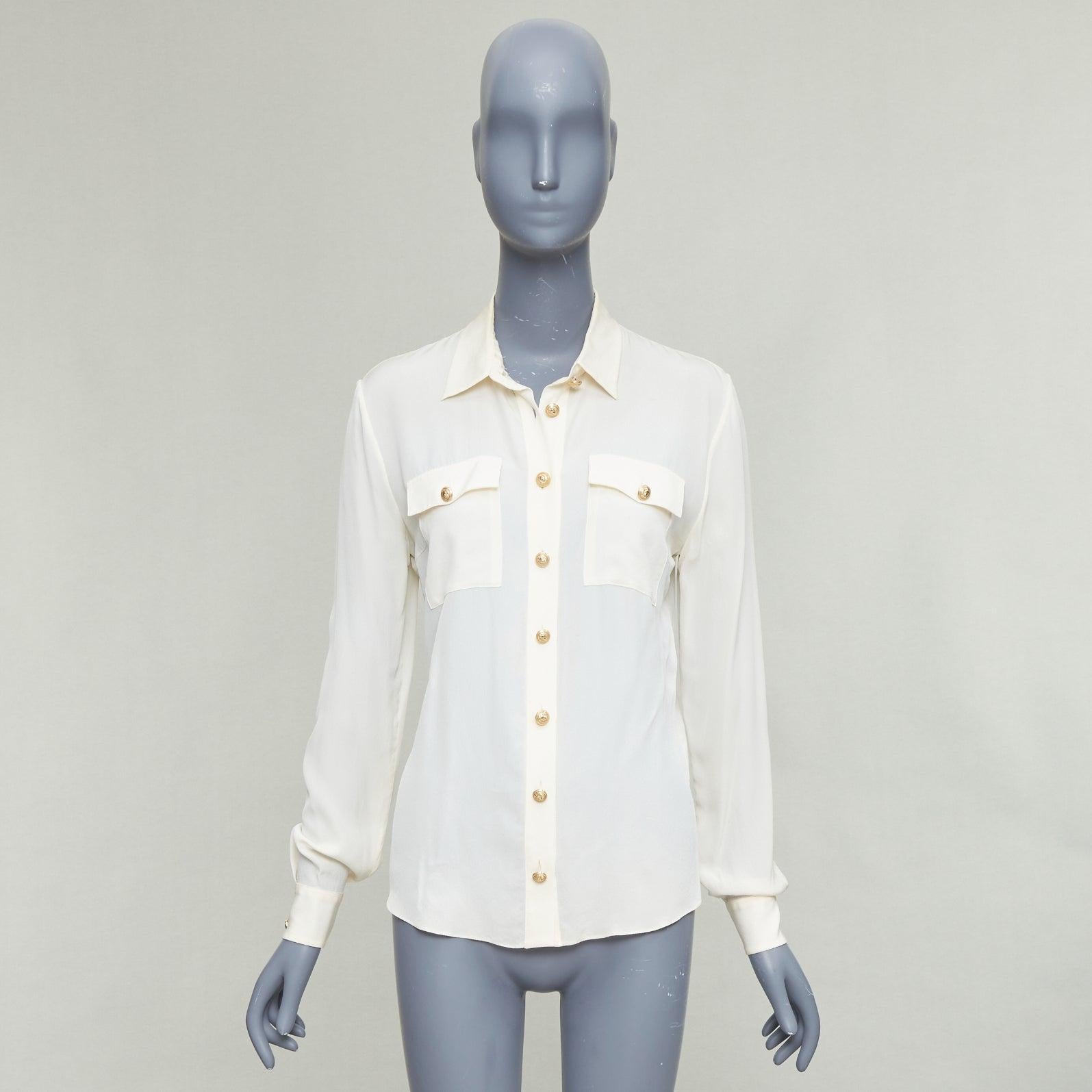 BALMAIN cream 100% silk gold buttons pocketed military blouse FR36 S en venta 4