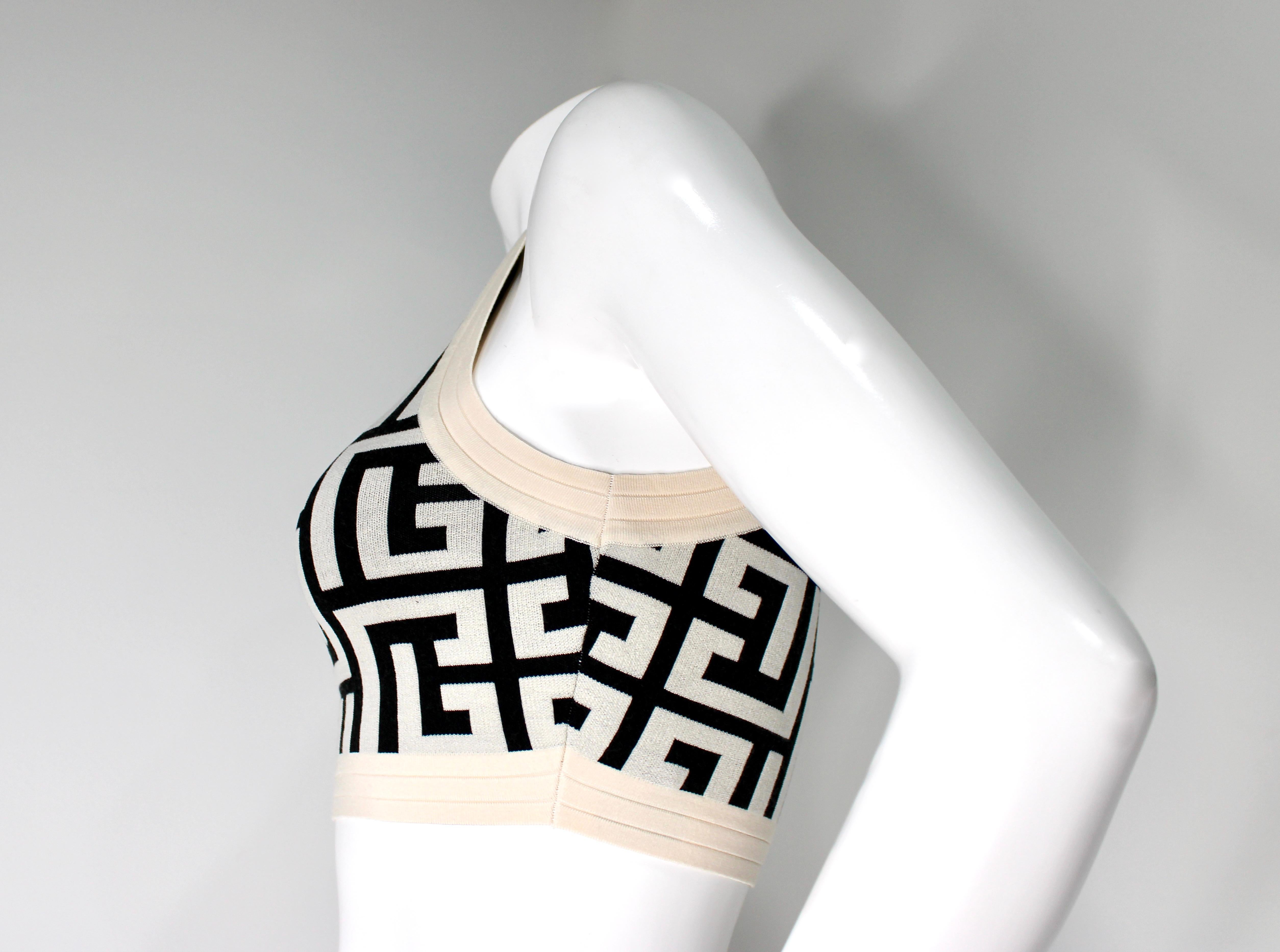 Balmain Cream & Black Logo Monogram Cropped Top sans manches Pour femmes en vente