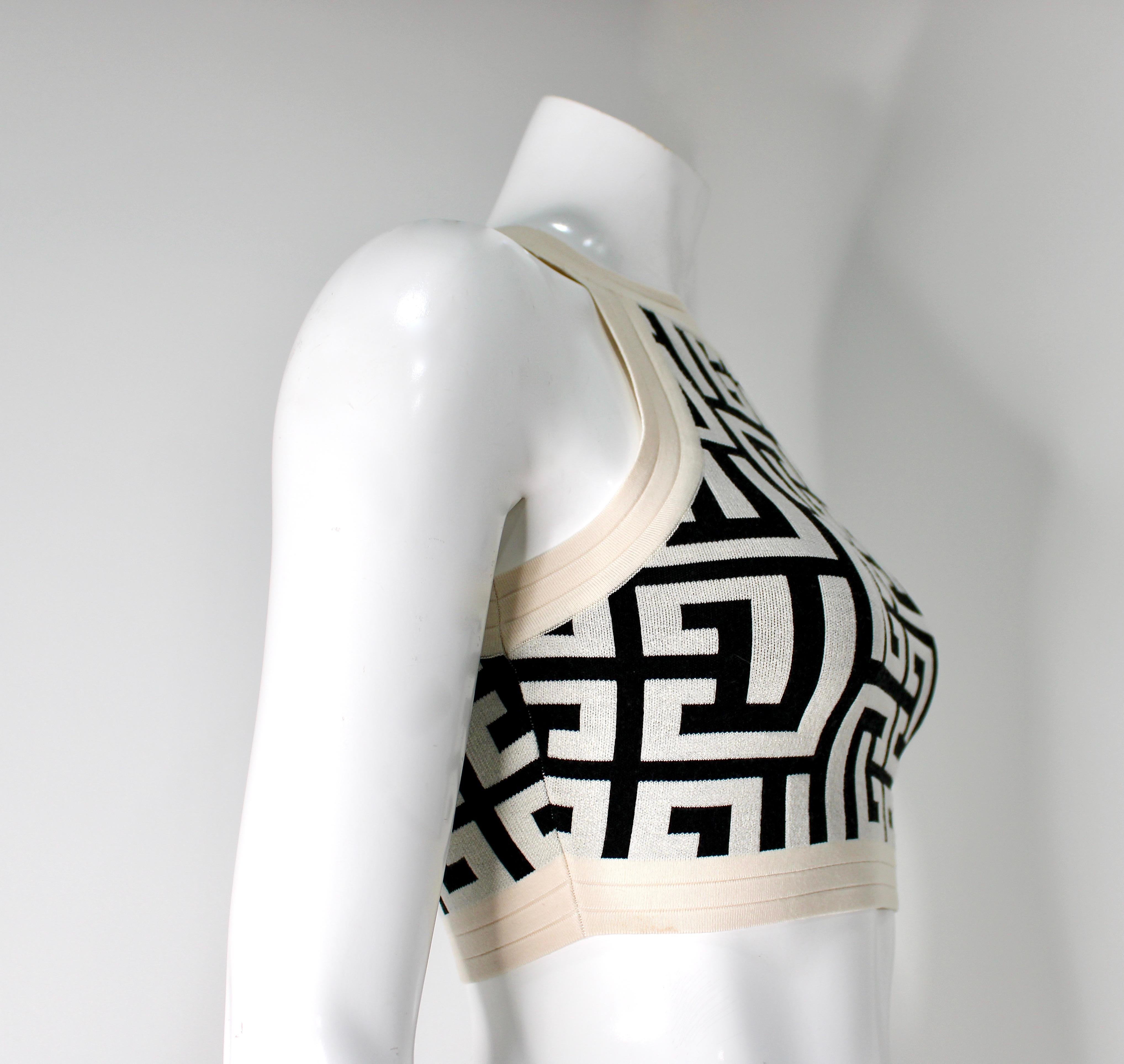 Balmain Cream & Black Logo Monogram Cropped Top sans manches en vente 1