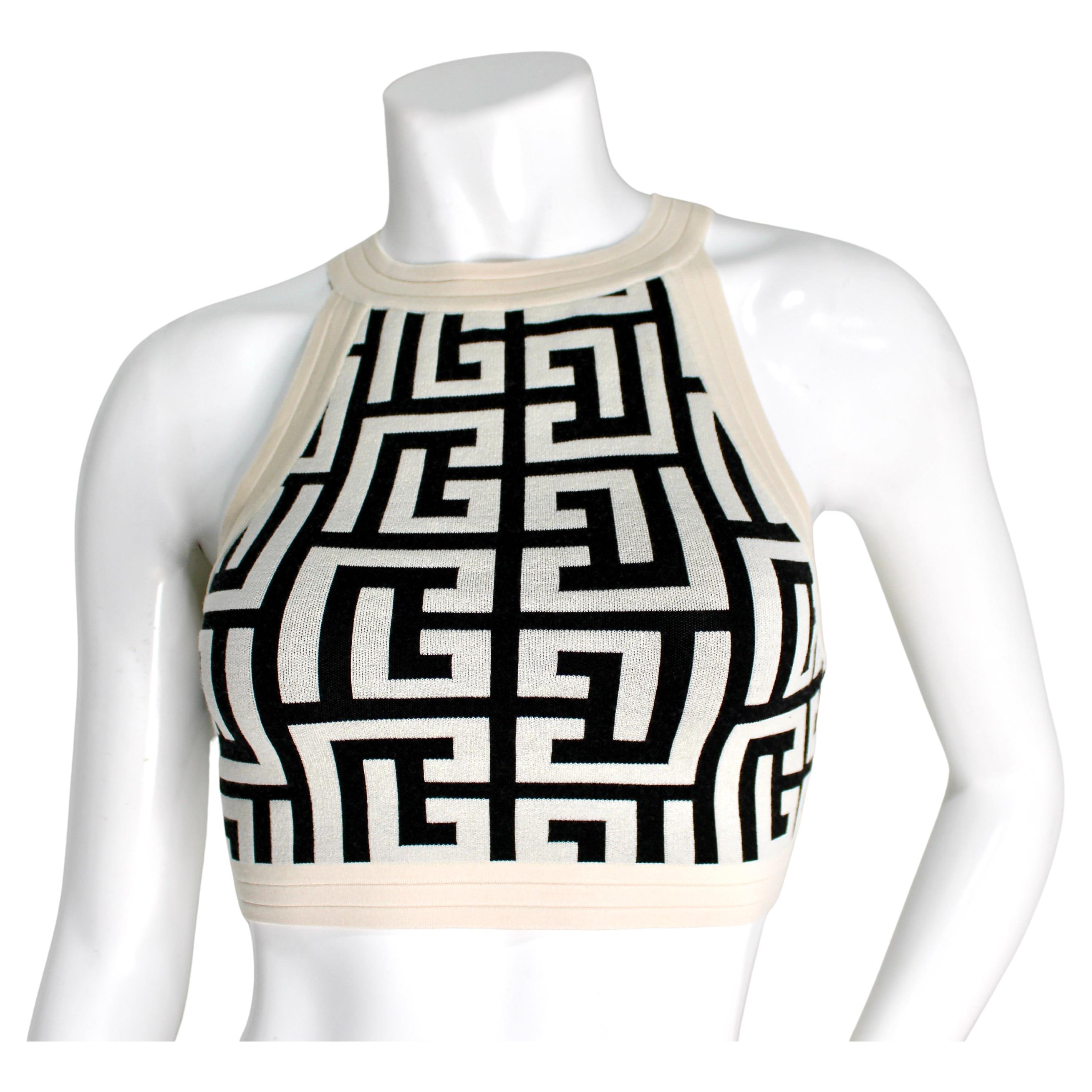 Balmain Cream 
Black Logo Monogram Cropped Top sans manches en vente