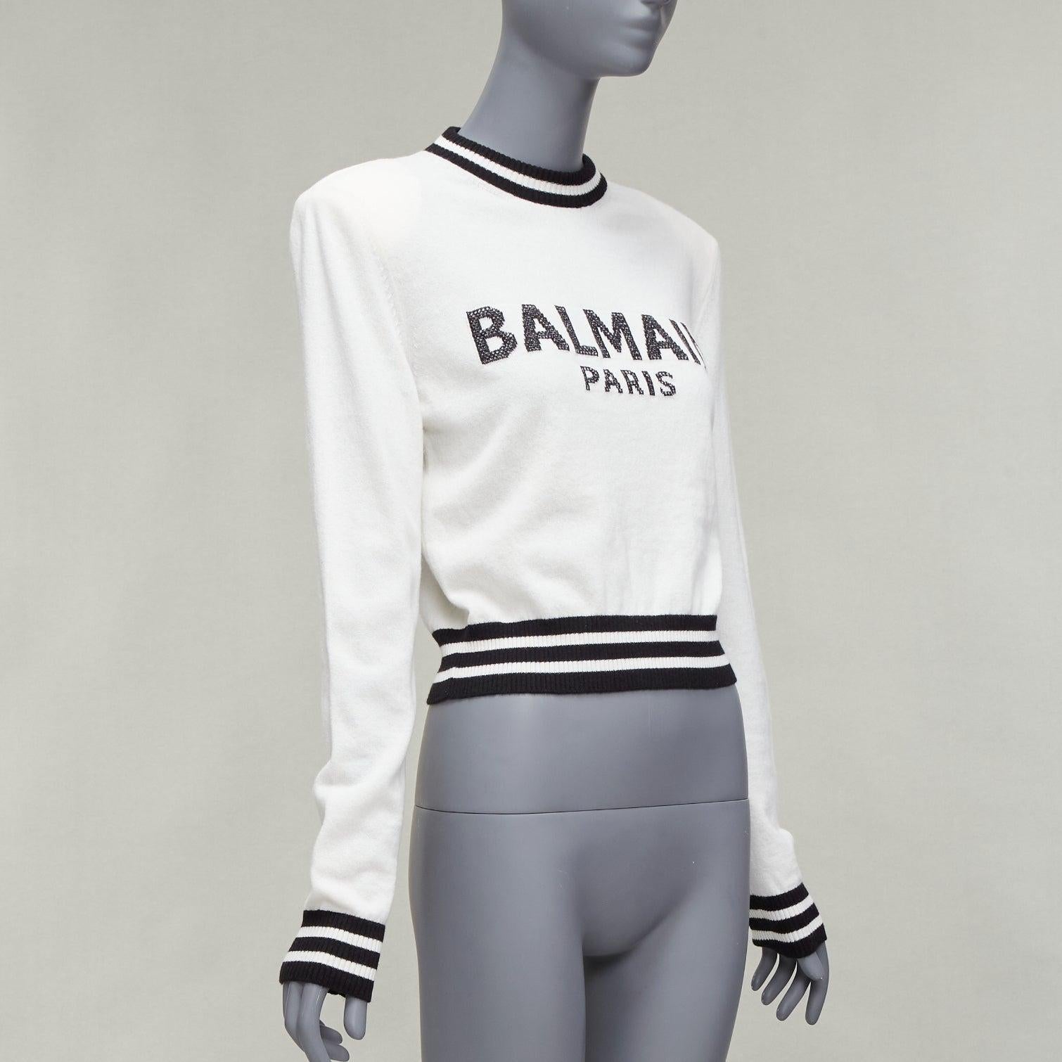 BALMAIN cream black wool cashmere logo padded shoulder sweater FR34 XS In Excellent Condition For Sale In Hong Kong, NT