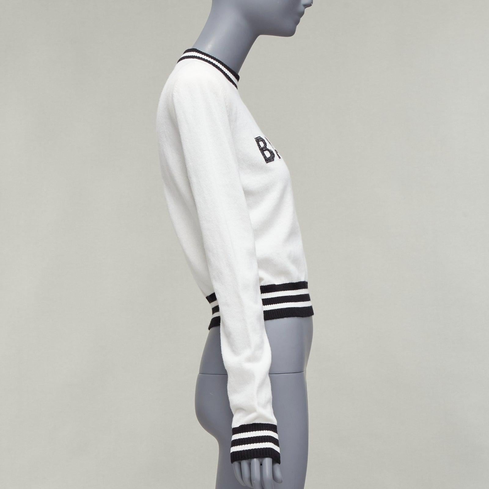 BALMAIN Creme schwarz Wolle Kaschmir Logo gepolsterte Schulter Pullover FR34 XS Damen im Angebot