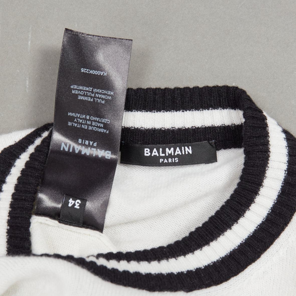 BALMAIN cream black wool cashmere logo padded shoulder sweater FR34 XS For Sale 4