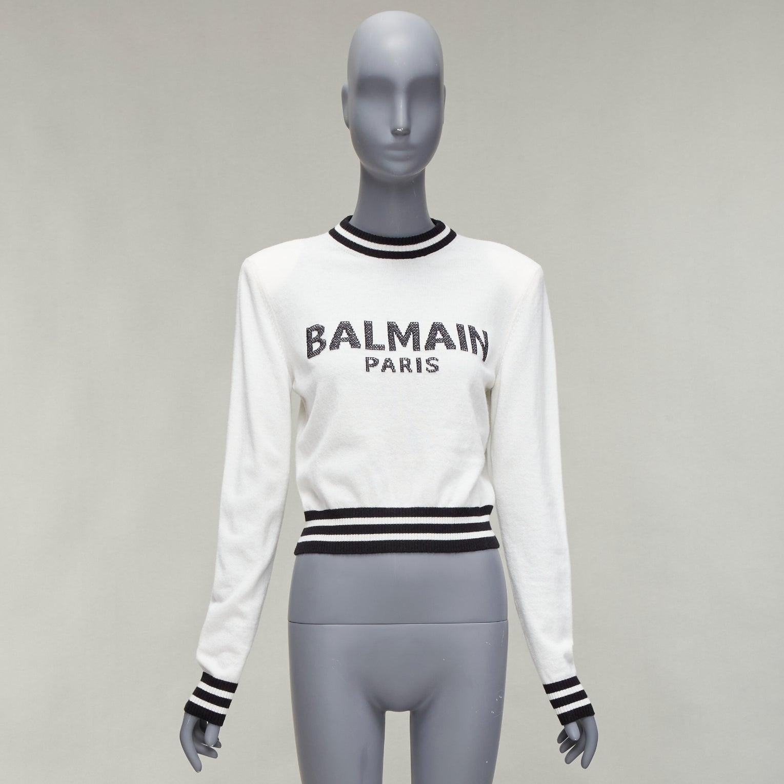 BALMAIN cream black wool cashmere logo padded shoulder sweater FR34 XS For Sale 5