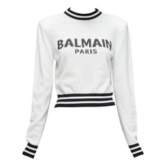 Balmain, maglione a spalla imbottito in lana e cashmere nero crema con logo FR34 XS