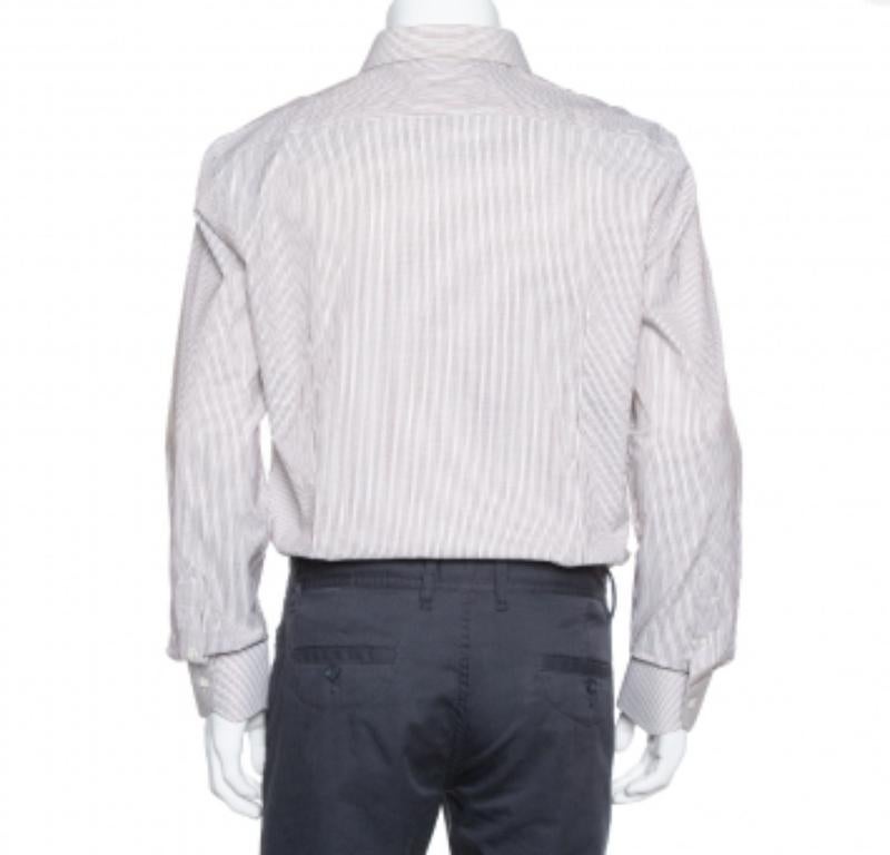 White Balmain Cream & Brown Striped Cotton Button Front Slim Fit Two Ply Shirt L For Sale