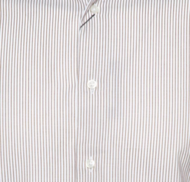 Balmain Cream & Brown Striped Cotton Button Front Slim Fit Two Ply Shirt L In Excellent Condition For Sale In Dubai, Al Qouz 2