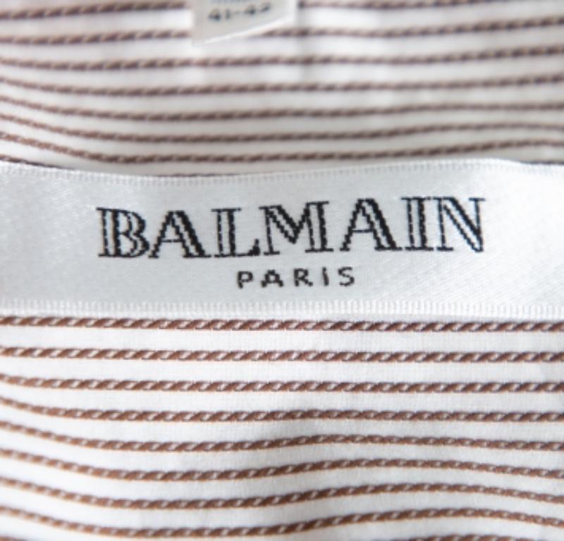 Balmain Cream & Brown Striped Cotton Button Front Slim Fit Two Ply Shirt L For Sale 2
