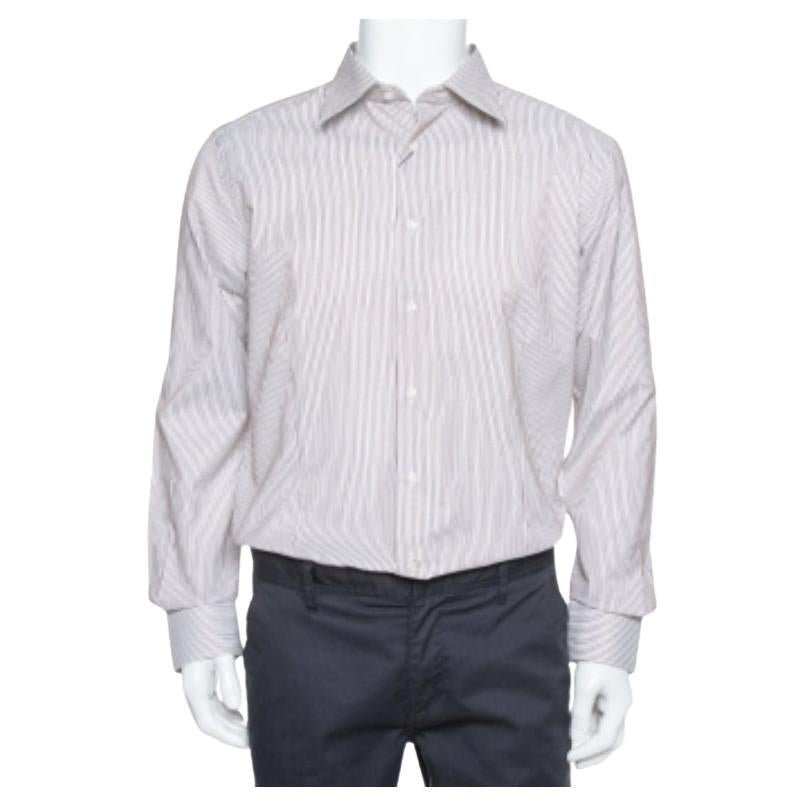 Balmain Cream & Brown Striped Cotton Button Front Slim Fit Two Ply Shirt L For Sale