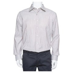 Balmain Cream & Brown Striped Cotton Button Front Slim Fit Two Ply Shirt L