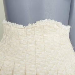 BALMAIN cream frayed pleated cotton tweed curved waist skater mini skirt FR34