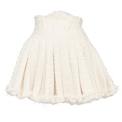 BALMAIN cream frayed pleated cotton tweed curved waist skater mini skirt FR34