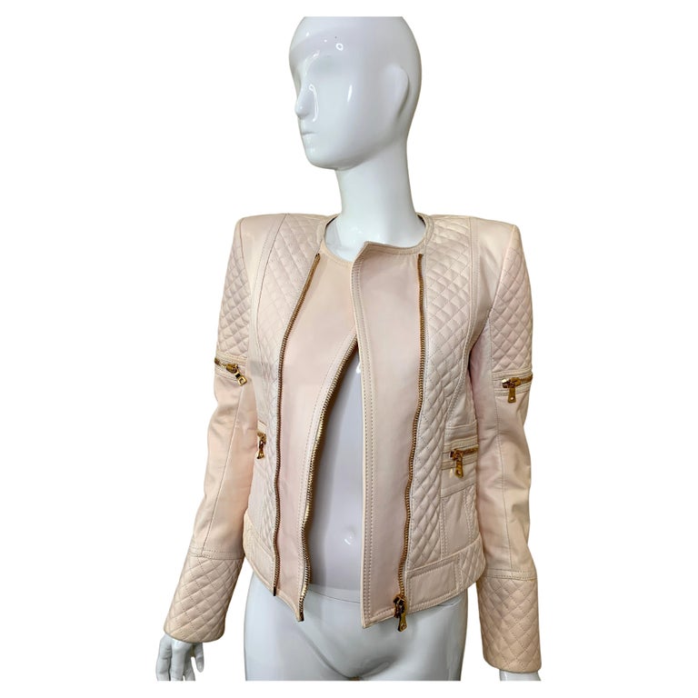 Balmain Cream Leather Moto Style Jacket Size 38 For Sale at 1stDibs